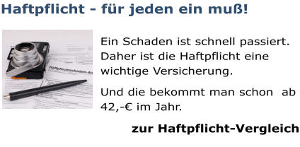 Haftpflicht - für jeden ein muß!  Ein Schaden ist schnell passiert. Daher ist die Haftpflicht eine wichtige Versicherung.  Und die bekommt man schon  ab 42,-€ im Jahr. zur Haftpflicht-Vergleich